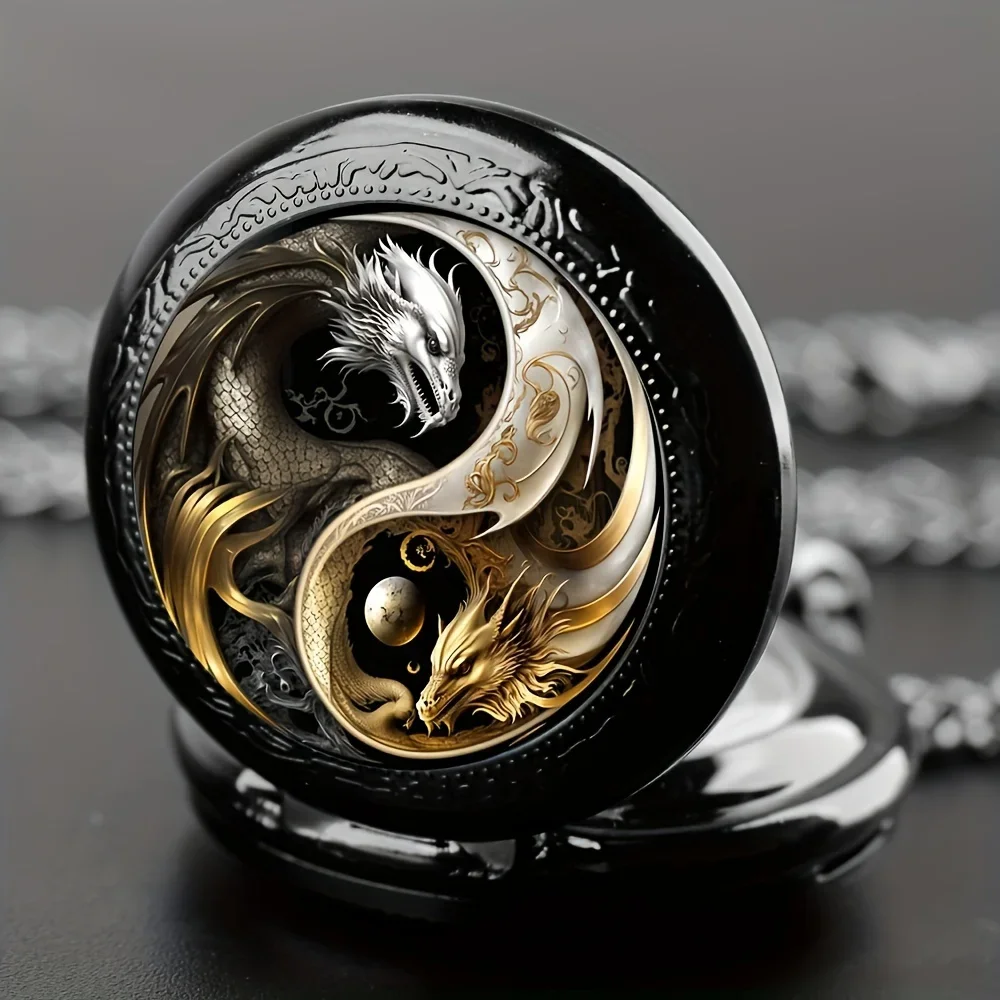 Montre de poche rétro à quartz double dragon doré et argenté
