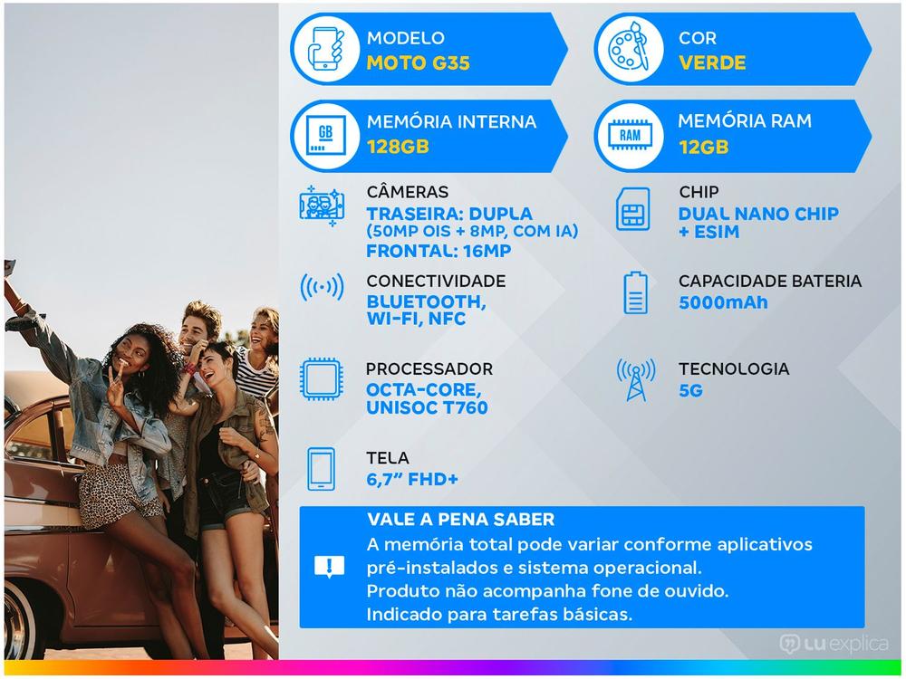 Smartphone Motorola Moto g35 128GB Verde 5G 12GB RAM 6,7" Câm. Dupla Selfie 16MP
