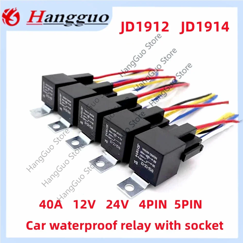 Relé automotriz 40A, 12V, 24V, 4 pines, 5 pines, con enchufe de relé JD 1912, 1914, 2912, 2914, modificación y mantenimiento Universal
