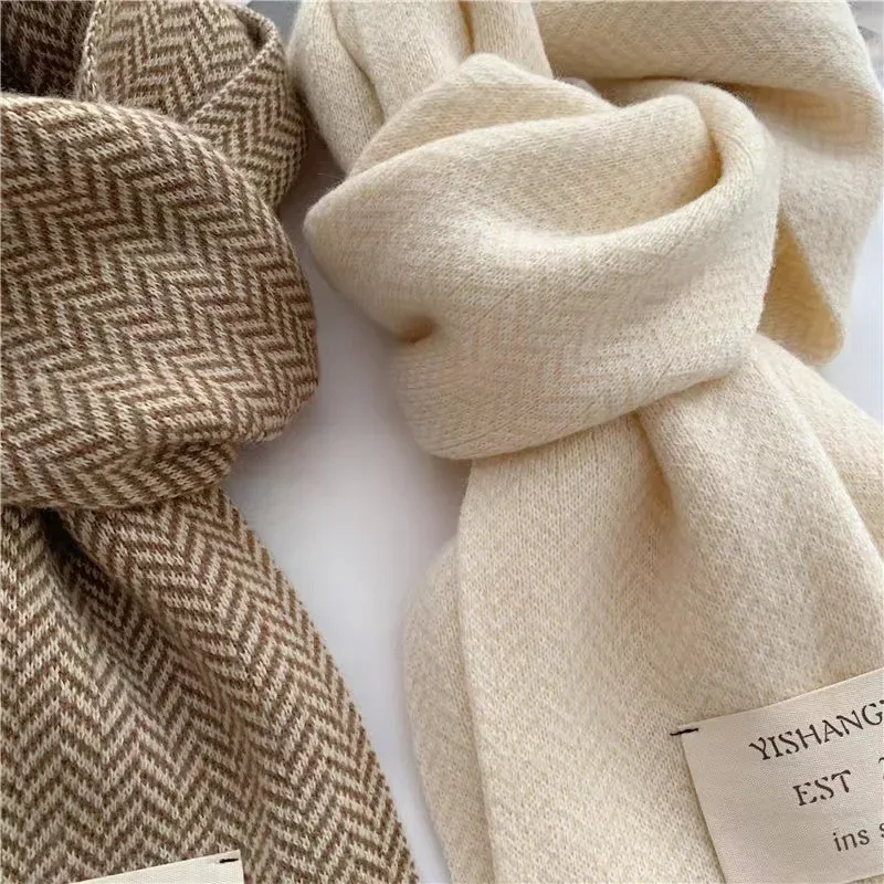 Bufandas de invierno para mujer, bufanda tejida de alta calidad, bufandas con patrón de rayas Vintage blanco de estilo coreano, bufandas cálidas para invierno y exteriores