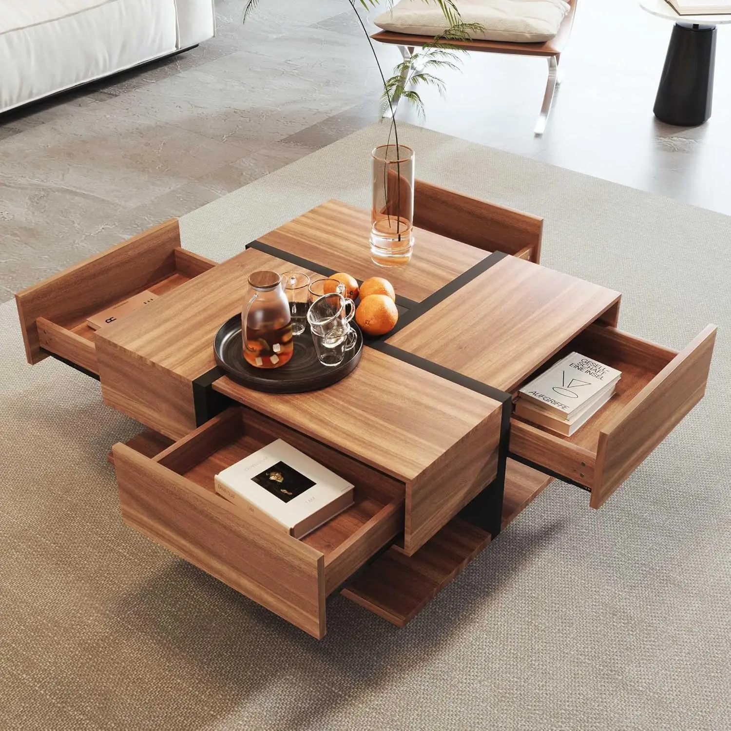 Coffee Table with 4 Drawers Unique Color Matching and Line Design Storage Space at the Bottom 78 * 78 * 36cm (White)