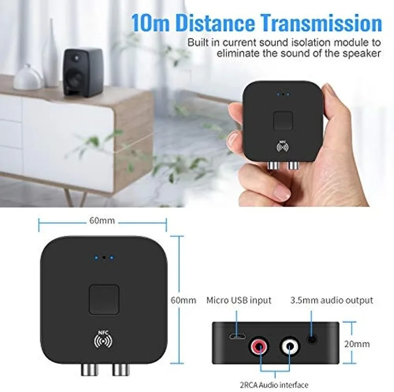 Wireless Audio Receiver RCA AUX Bluetooth 5.0 Adapter NFC 3.5mm for Amplifier Car Audio Home Stereo Theater System