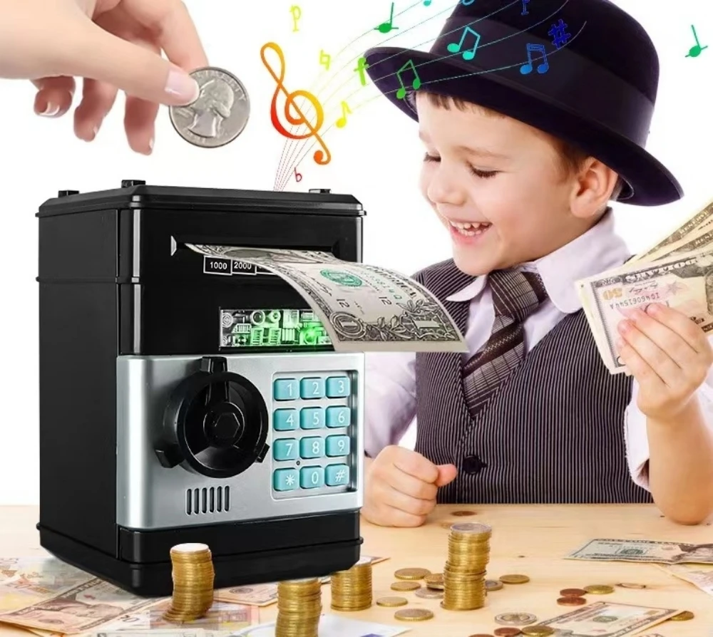 กล่องเก็บเงิน celengan elektronik เอทีเอ็มแบบใส่รหัสผ่านกระปุกออมสินตู้ ATM เครื่องฝากอัตโนมัติของขวัญคริสต์มาสสำหรับเด็ก