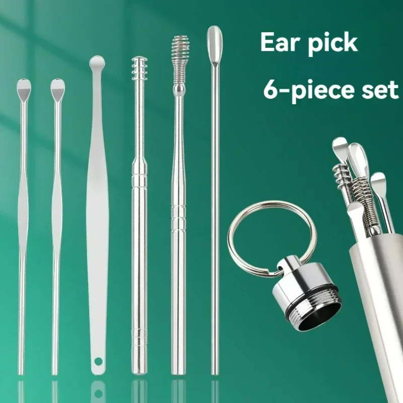 Conjunto de ferramentas para remoção de cera de ouvido, 6 peças, aço inoxidável, espiral, rotativa, colher selecionadora de orelha, para limpeza, coleta de cera de ouvido