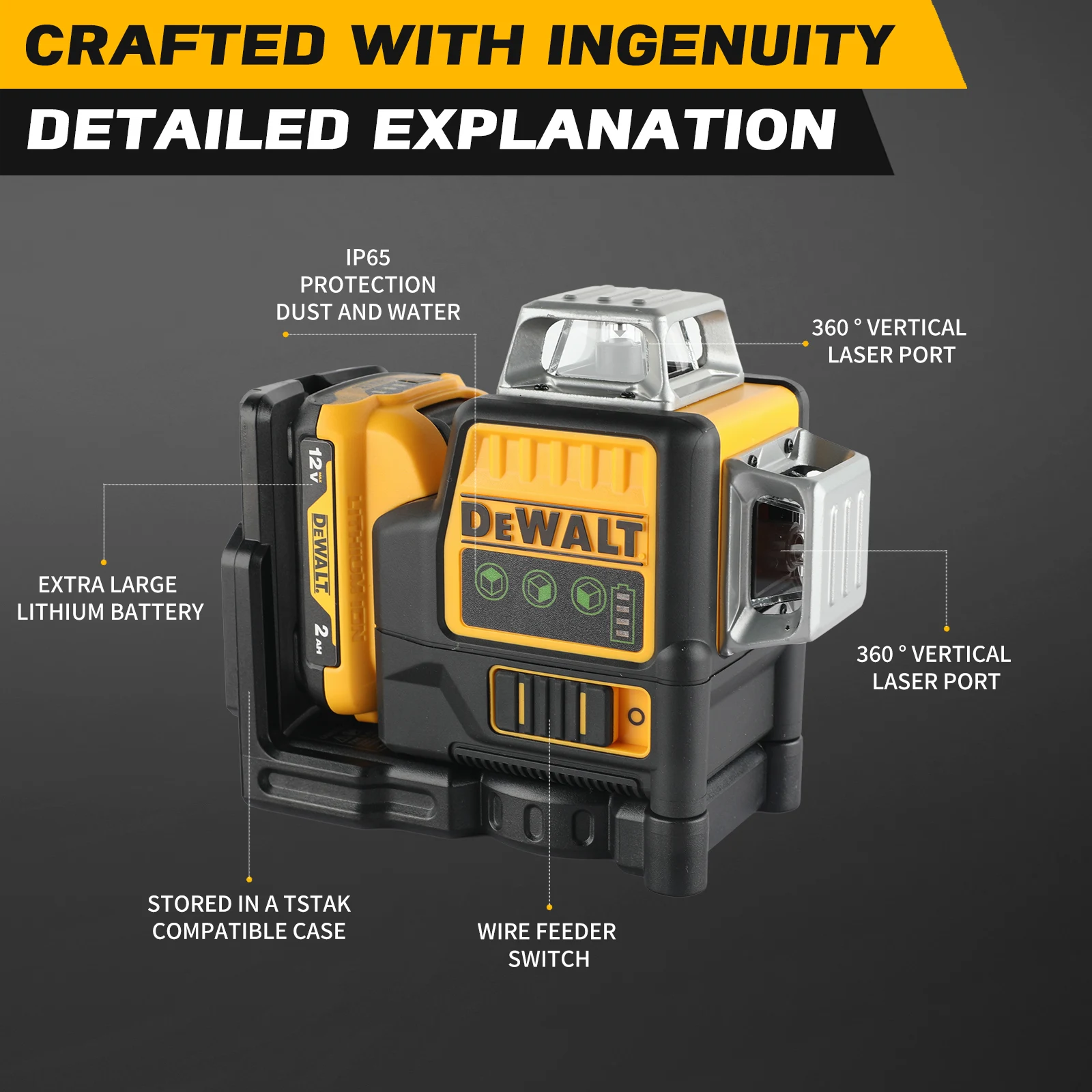 Dewalt DW089LG 3 côtés * 360 degrés Vertical 12V batterie au Lithium 12 lignes niveau Laser compteur vert horizontal machine nue extérieure