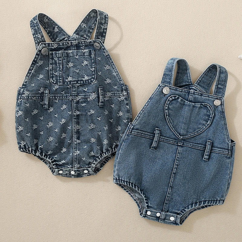 Baby Girl Denim Overalls Romper Floral Print Sleeveless Jean Bodysuit with Pocket Summer Jeans Clothes