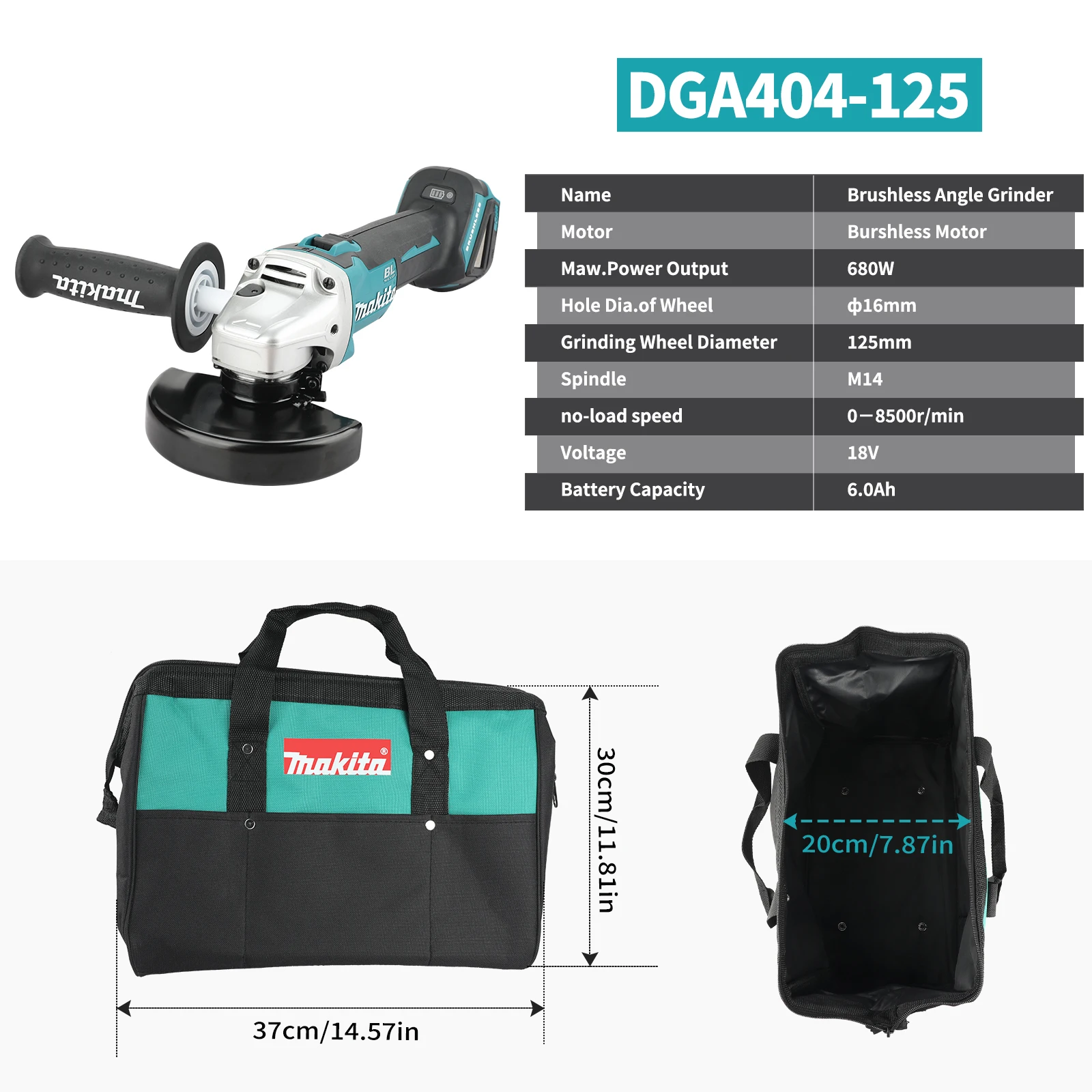 Makita DGA404 angle grinder tool kit, brushless motor, for metal processing, with ergonomic handle and portable transport bag