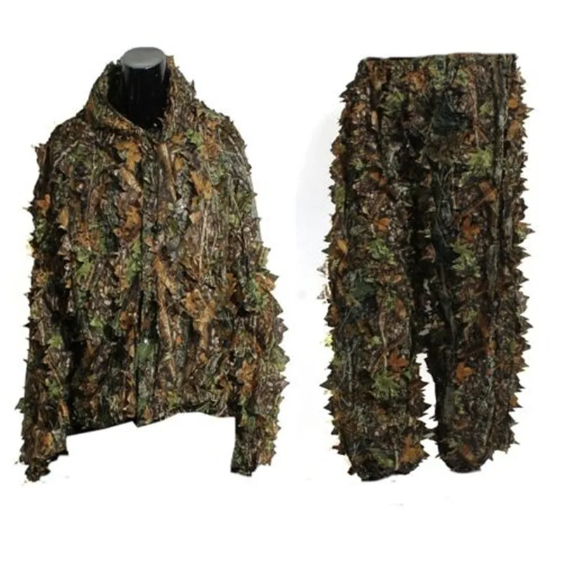 กางเกงเสื้อแขนยาวมีฮู้ดแจ็คเก็ตกลางแจ้งผู้ชายผู้หญิงชุดสูท Ghillie ลายพรางป่า CS ชุดฝึกใบไม้