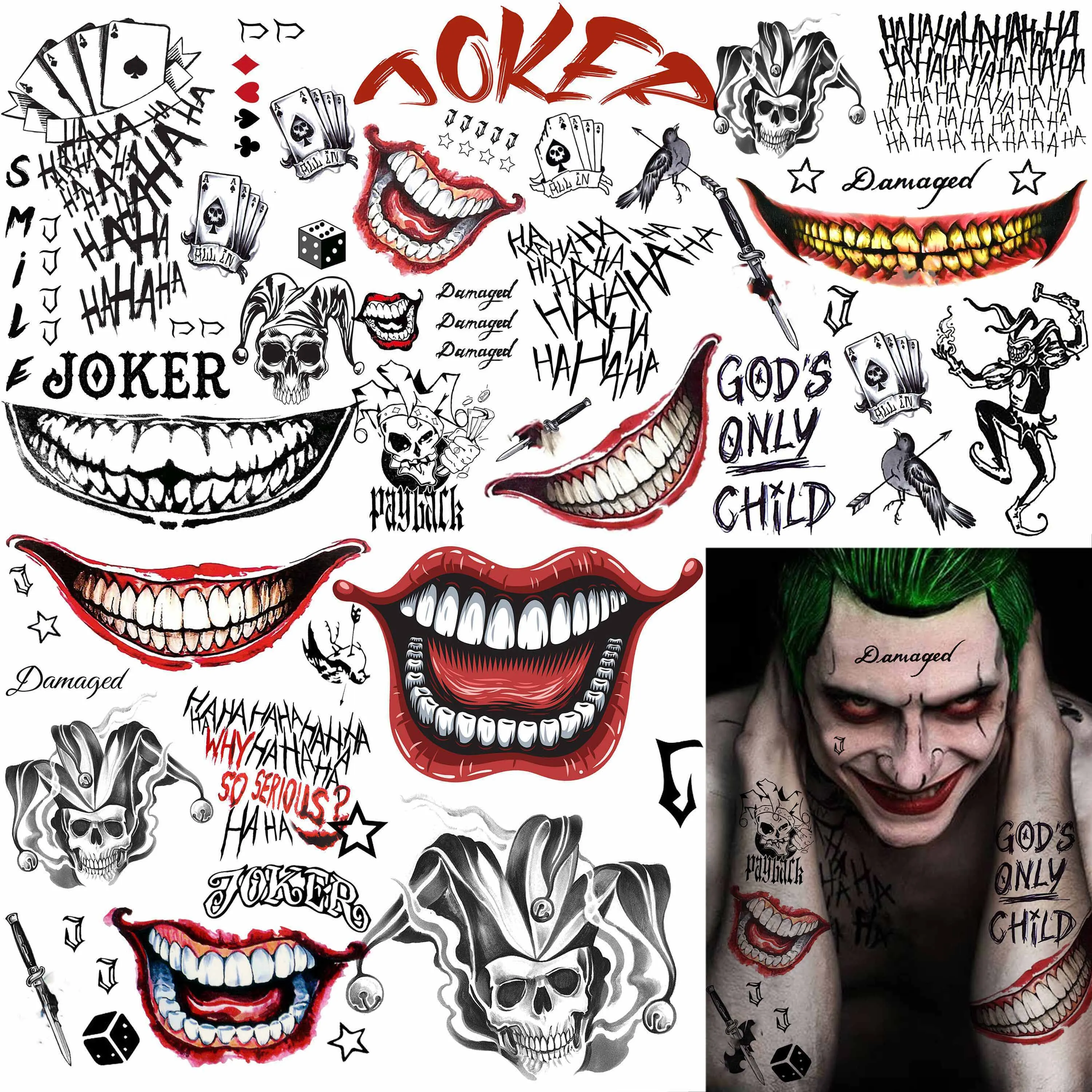 5-Blatt Crazy Joker Halloween-Tattoos, böser Totenkopf, Clown, großer Mund, lachendes temporäres Tattoo für Männer, Frauen, Erwachsene