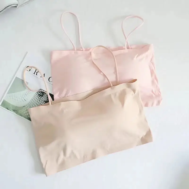Bralette feminino sem costura – regata acolchoada sem fio, alças finas, colete de sutiã elástico macio sem costas
