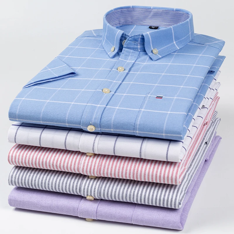 メンズ通気性オックスフォード半袖コットンTシャツ,ストライプストライプチェック柄シャツ,通常の作業服,特大,100%