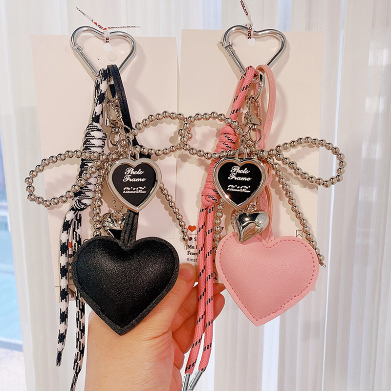 Trendy Leather Heart Bow Keychain Delicate Beaded Keyring Car Key Holder Bag Pendant Decoration For Girls Gift