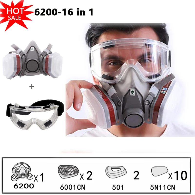 6200 Mezza faccia chimica Respiratore antipolvere Pittura industriale Spruzzo Maschera antigas con occhiali protettivi antiappannamento Lavoro di sicurezza