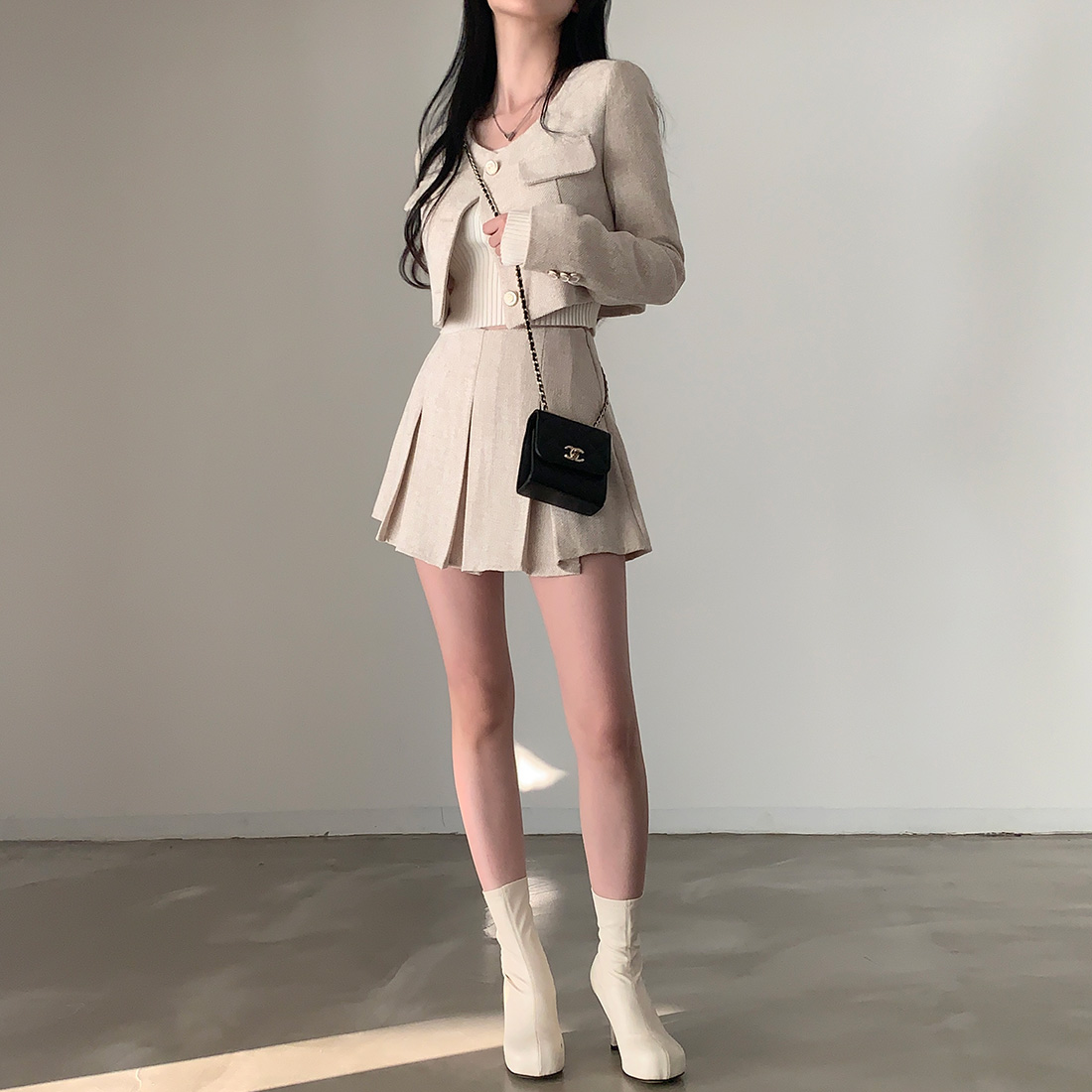 Conjunto de Jaqueta Curta de Tweed e Saia Curta com Forro para Mulheres, Manga Longa, Cor Sólida, Fibra de Poliéster