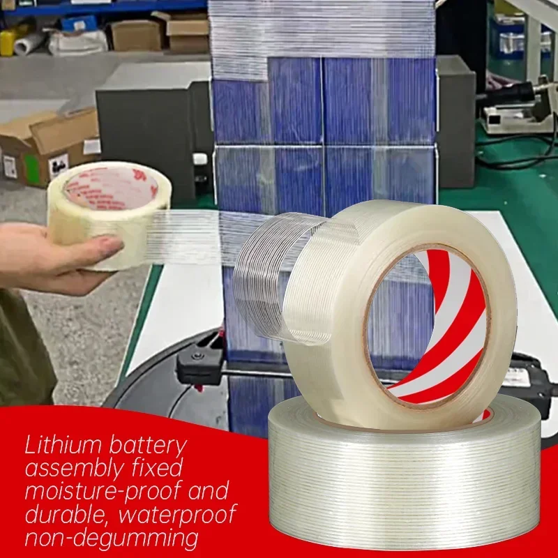 Nastro in fibra a righe da 25 m Batteria al litio Avvolgimento isolante Nastro in fibra di vetro Trasparente Sigillo adesivo su un solo lato Imballaggio fisso