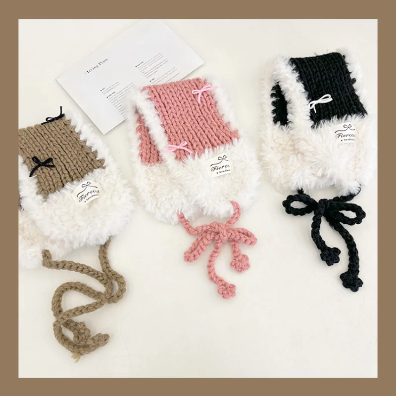 Orejeras de felpa tejidas a mano para mujer, color rosa dulce coreano, para viajes de otoño e invierno, accesorios para el cabello cálidos y versátiles