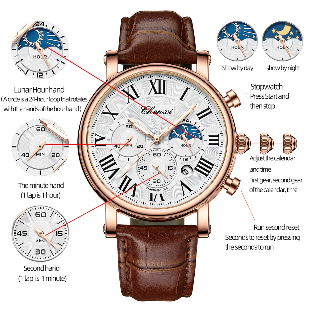 CHENXI, relojes de negocios a la moda para hombre, reloj de cuarzo de lujo, cronógrafo con fecha automática, reloj de pulsera de cuero resistente al agua para hombre