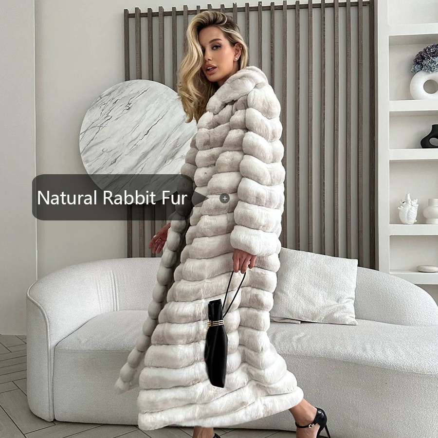 Abrigos de piel de conejo Natural para mujer, Chaqueta larga de piel de conejo Rex Real, abrigo cálido de invierno, superventas, novedad de 2024