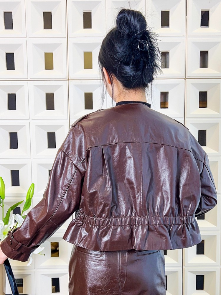 Mode femmes O cou fermeture éclair Vintage huile cire peau de mouton veste automne Style Punk coupe ample taille élastique veste en cuir véritable