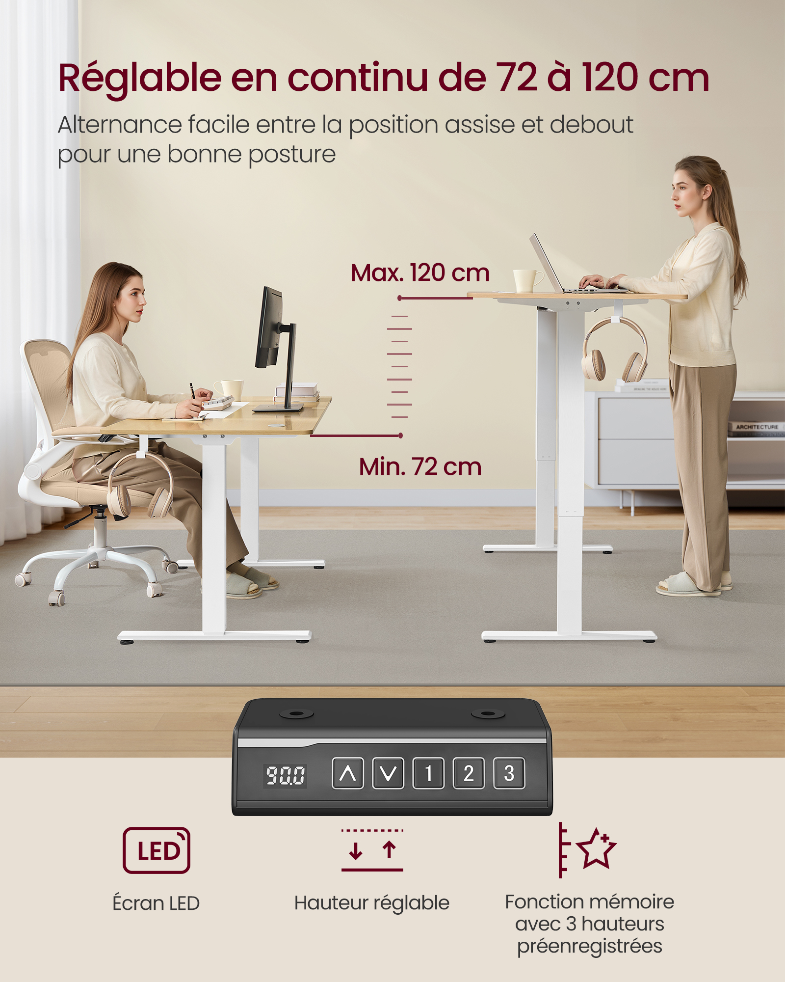 Bureau Électrique Réglable en Hauteur,  sans Plateau de Table, avec 2 Crochets, Fonction Mémoire 3 Hauteurs, Acier, Blanc Mat