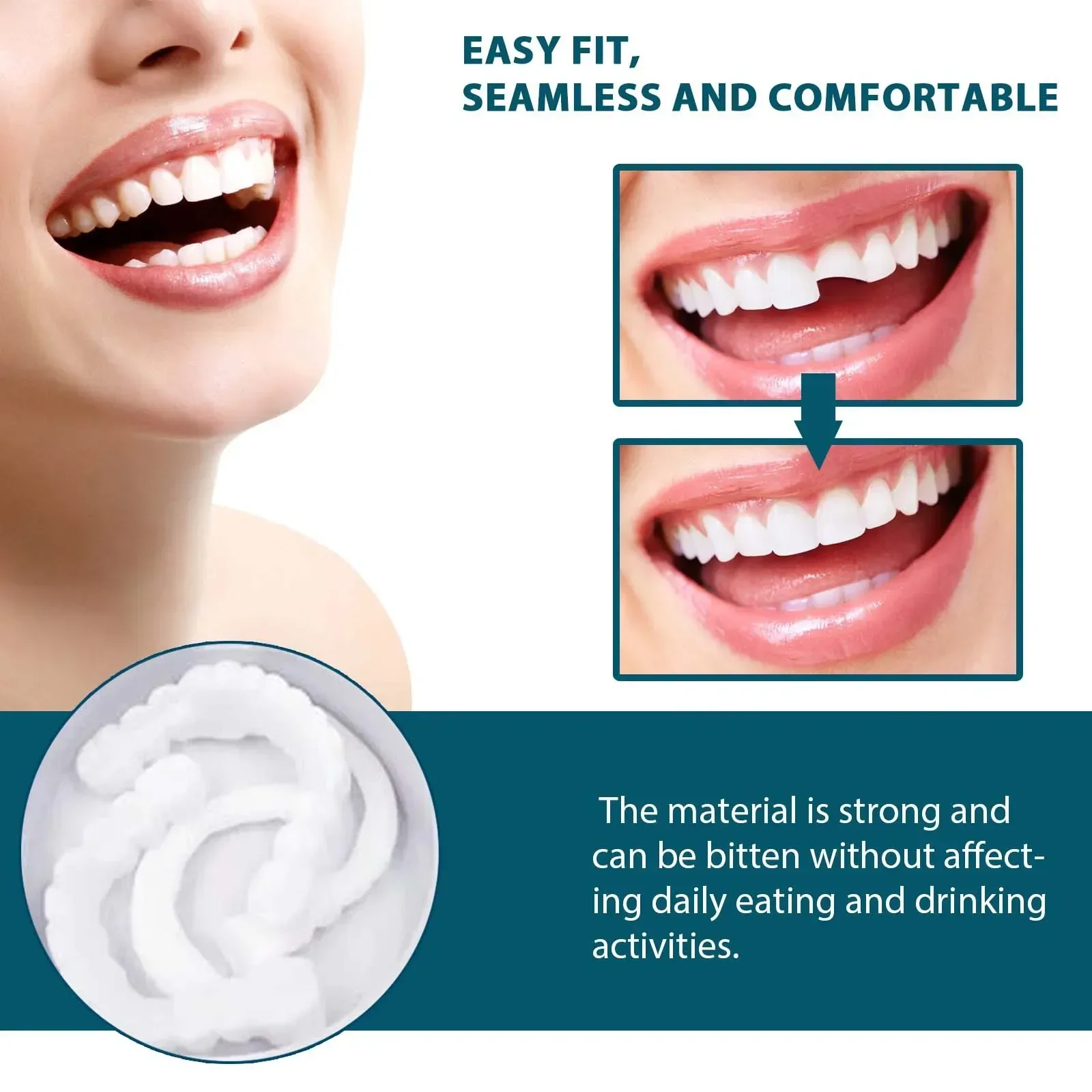 Juego de dientes ajustables, dentaduras postizas blanqueadoras, sonrisa perfecta temporal, dientes postizos, carillas dentales extraíbles superiores e inferiores, juego de dientes postizos