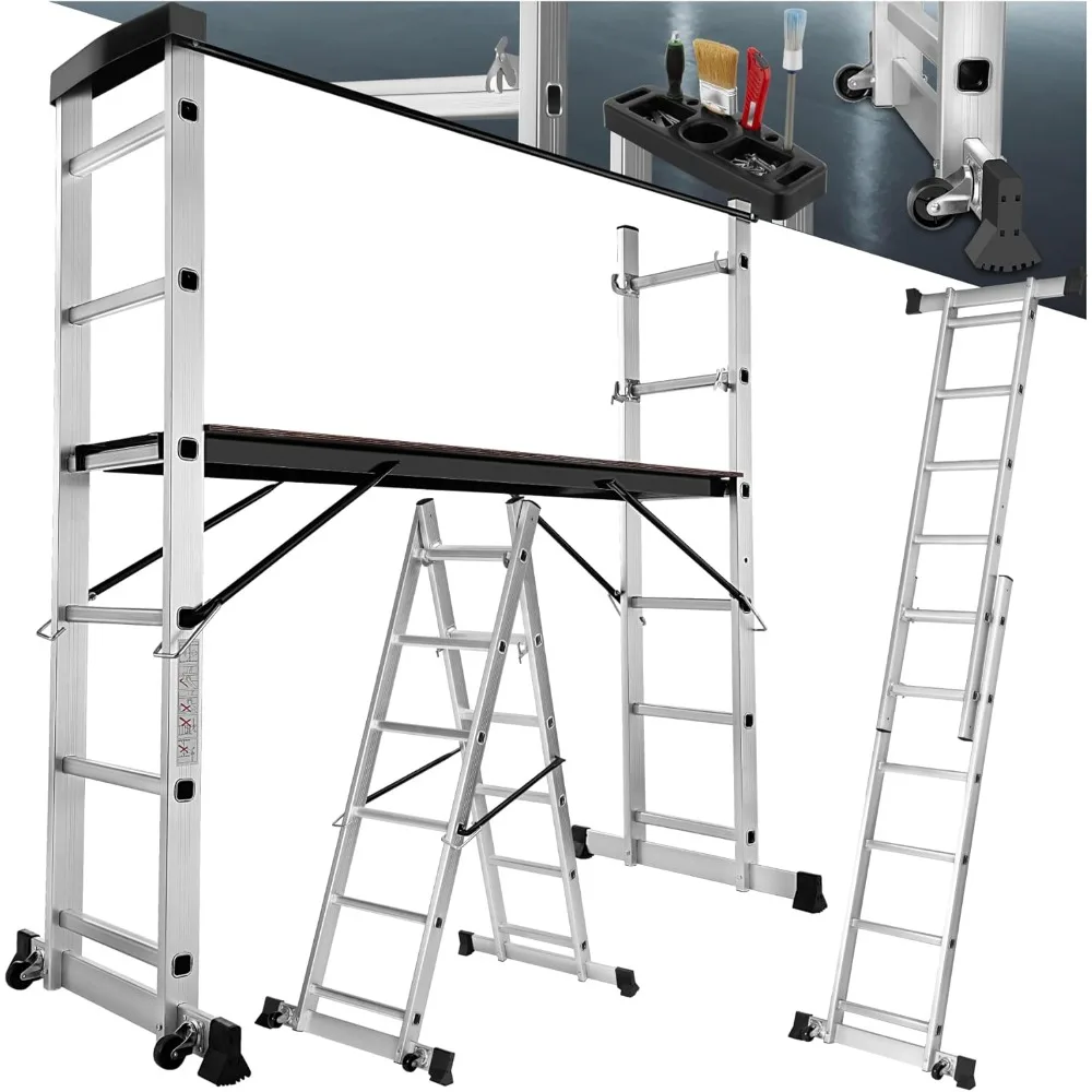 Ladder 4 in 1, Mobile Multipurpose Ladder, Arbeitsbühne, Baugerüst, Alu Gerüst, Rollgerüst mit Arbeitsplattform, Haushaltsleiter