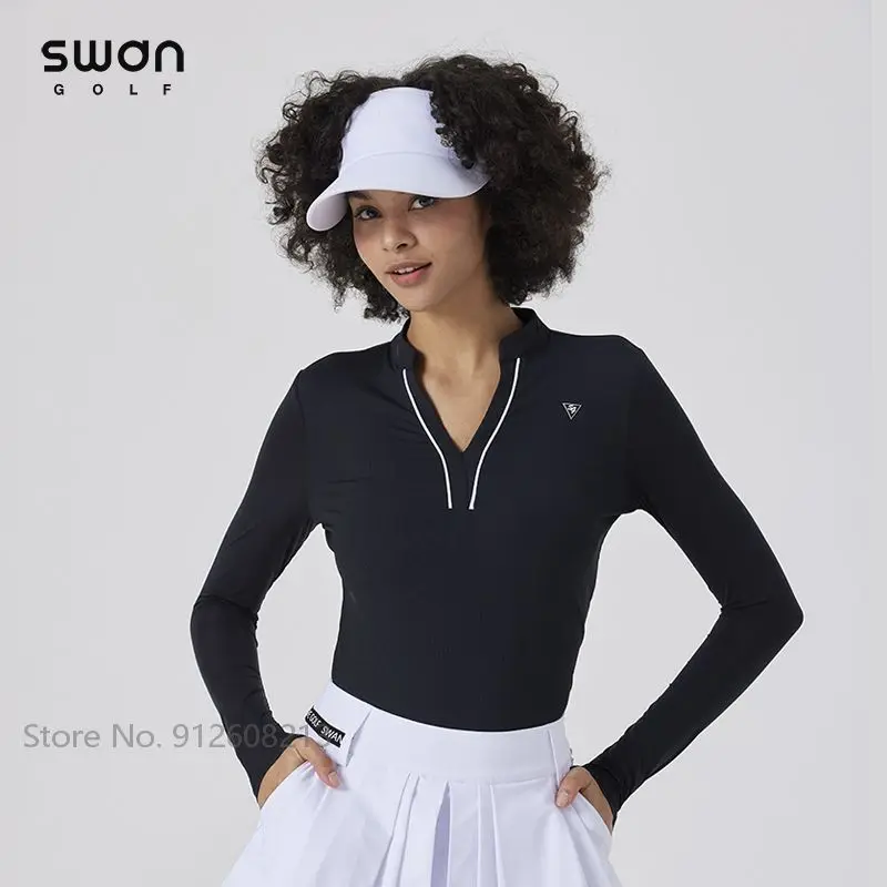 SG kaus Golf pendingin musim panas wanita, baju Golf lengan panjang Anti-uv, kaus kerah berdiri leher V untuk Olahraga