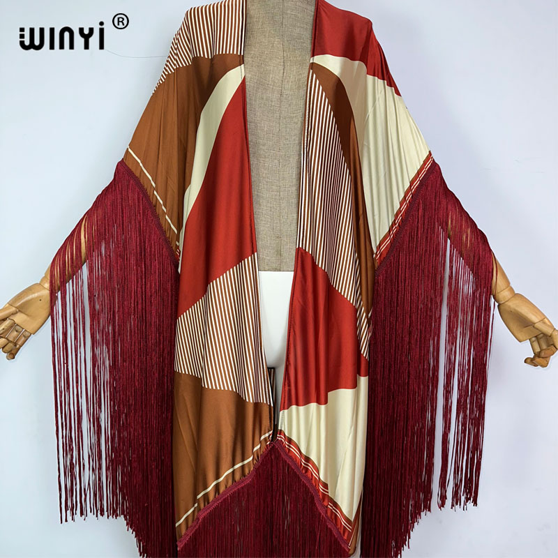 Winyi Kimono Vertuschungen Sommer Boho Print Bikini Vertuschung elegante Mode Strickjacke sexy Urlaub Langarm Quasten Maxi kleid