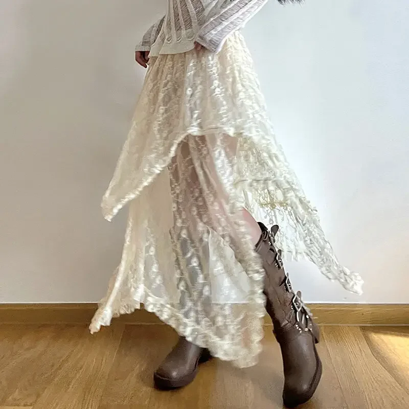 Deeptown-Falda asimétrica de encaje para mujer, faldas de cintura alta, Estilo Vintage, Y2K, bohemio, a la moda, para vacaciones