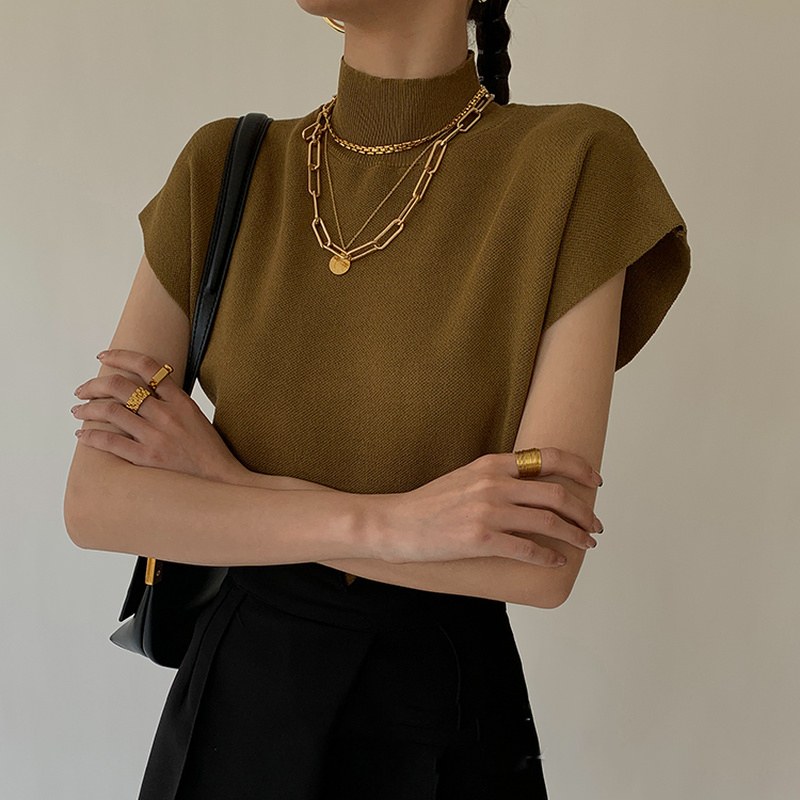 Camicetta lavorata a maglia solida estiva Gilet manica corta Top in maglia da ufficio T-shirt casual Camicia Moda Top allentato Donna Elegante 20397
