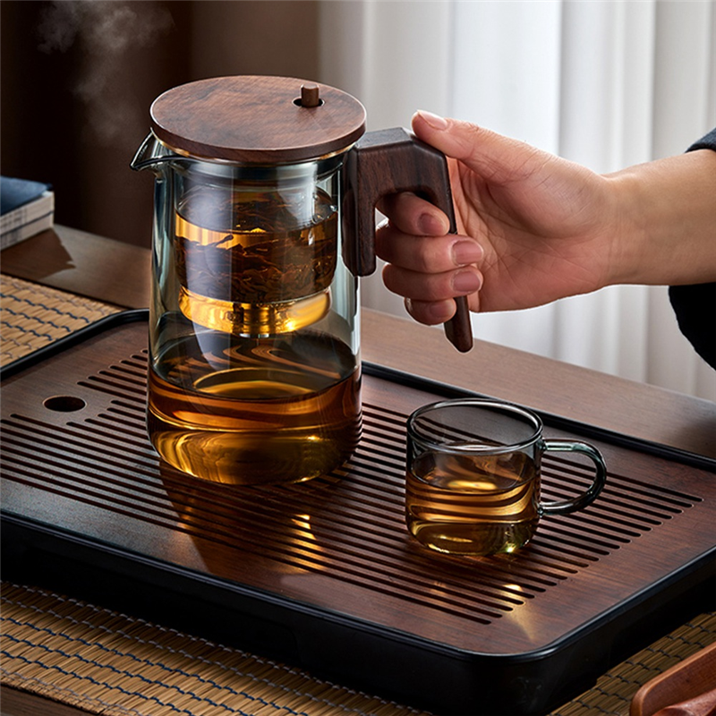 Tetera de vidrio con mango de madera, tetera perfumada transparente con filtrado de un solo botón calentada