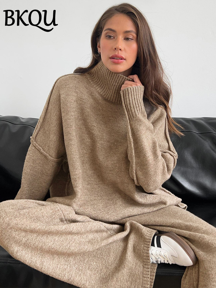 BKQU ニット 2 点セット女性タートルネックセーターとワイドレッグパンツ衣装秋冬カジュアルオフィスレディースホームウェア 2024