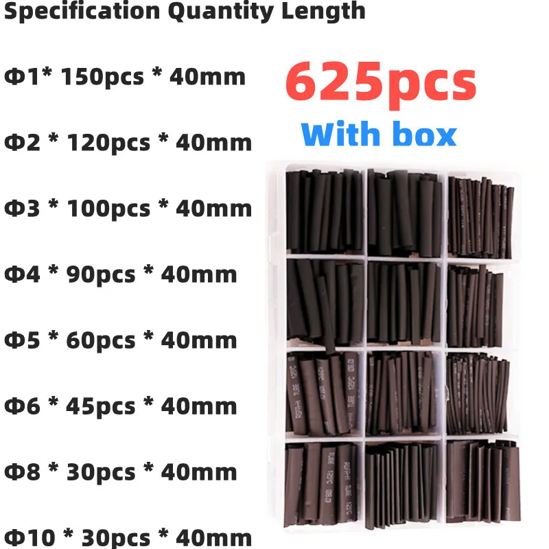 127-625 Chiếc Hộp Đen Nhiệt Shrinktubing 2:1 Điện Tử DIY Bộ, cách Nhiệt Polyolefin Vỏ Bọc Ống Co Dây Cáp Và Cáp Ống