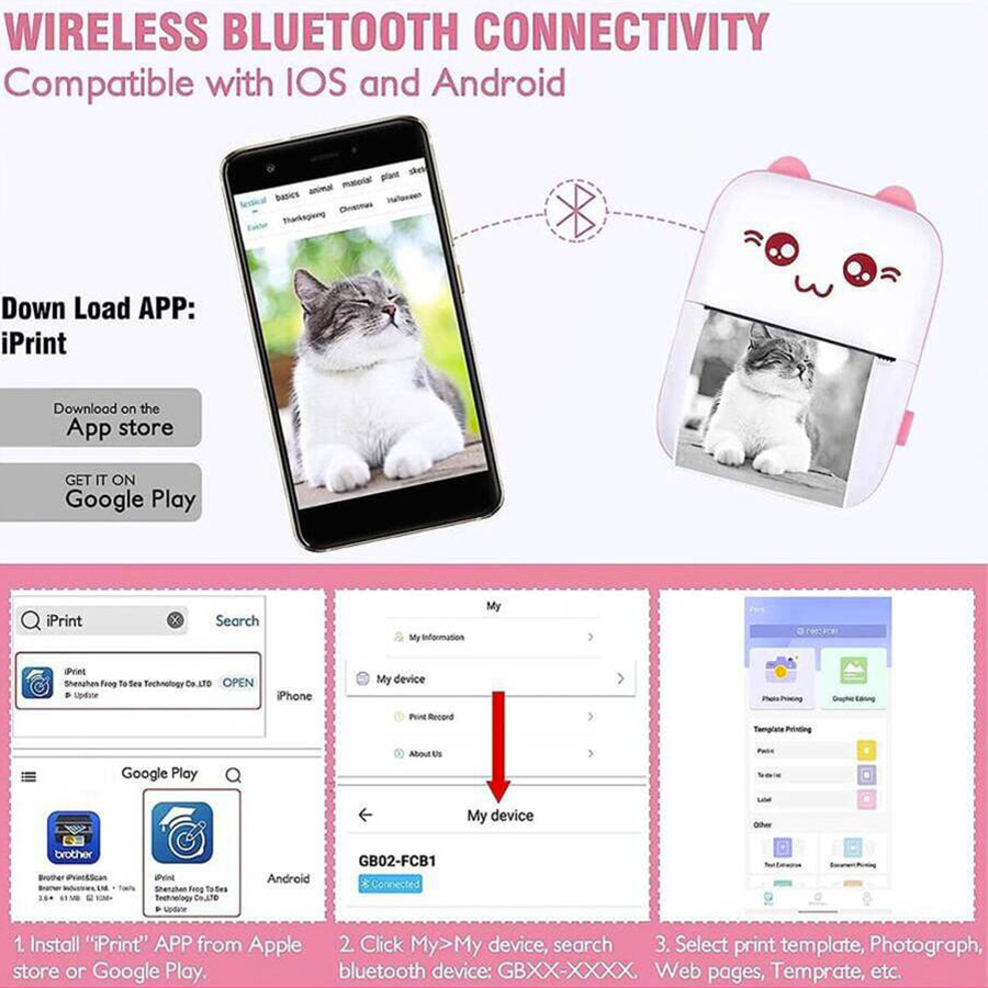 Impresora portátil con conexión Bluetooth, Mini impresora térmica sin tinta de bolsillo para estudiantes, suministros escolares y de oficina, papelería