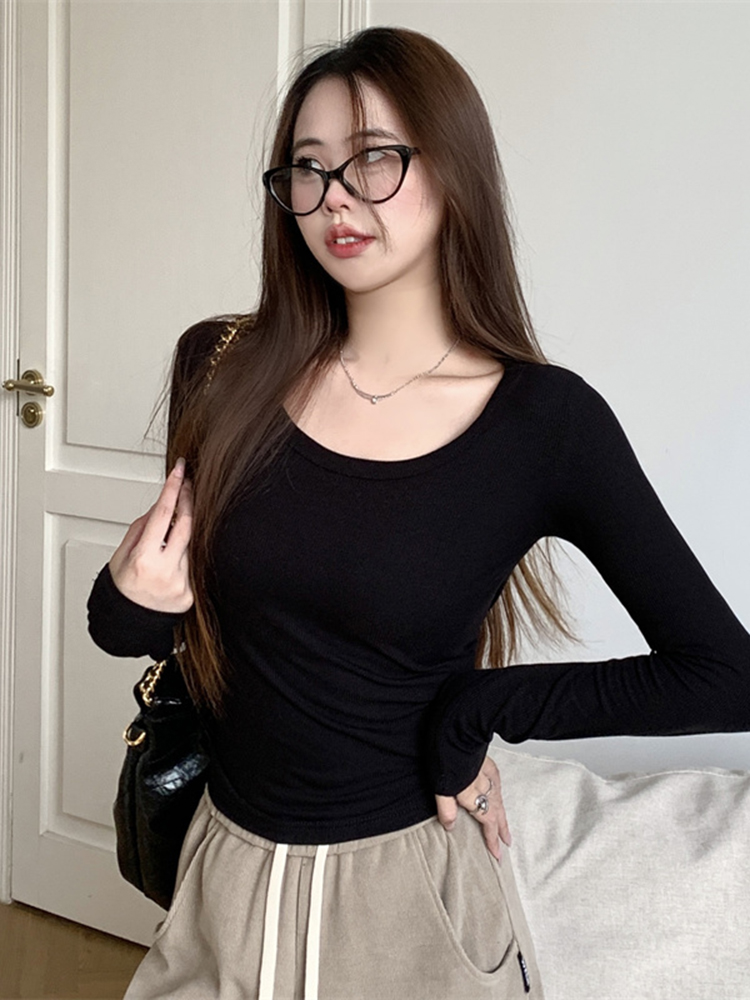 黒スリムフィット長袖肥厚大 U ネック Tシャツ女性のベースレイヤーシャツ春通勤スタイル韓国語バージョンピュアカラー