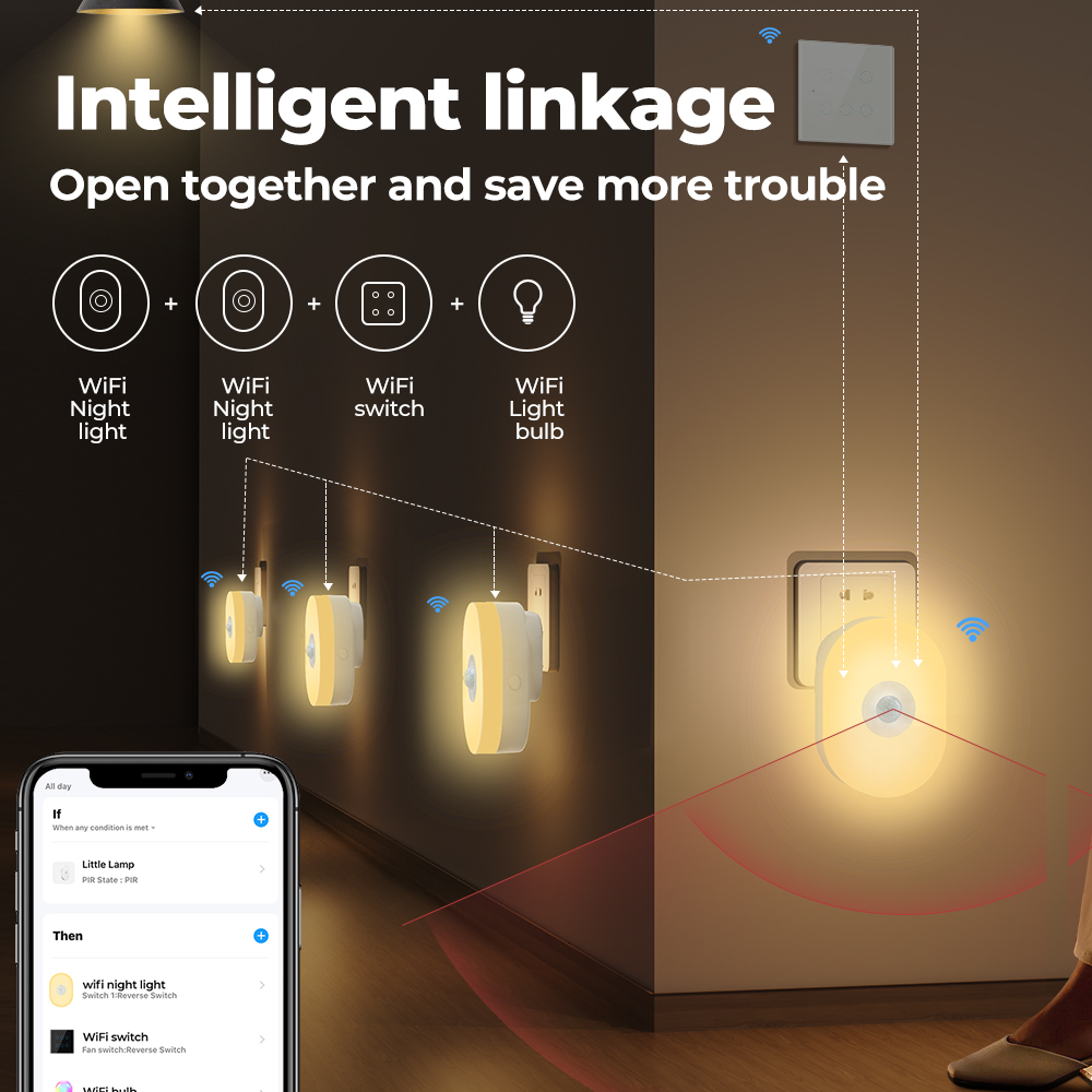 Sensore intelligente Wifi Luce notturna Luci notturne Collegate nel muro Controllo APP Temporizzazione dimmerabile Lampada da parete per atmosfera per camera da letto