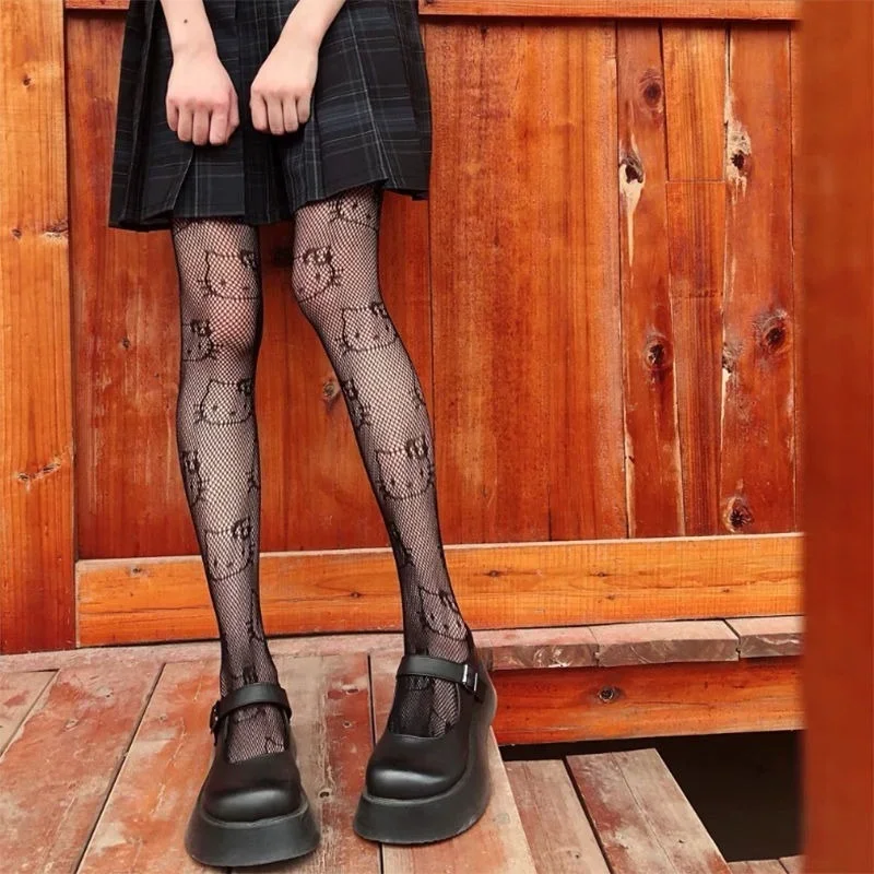 Hello Kitty Lụa Đen Fishnet Tất Chống Móc Gợi Cảm Đáy Quần Đen Trắng Vớ Quần Tất Nữ Mỏng