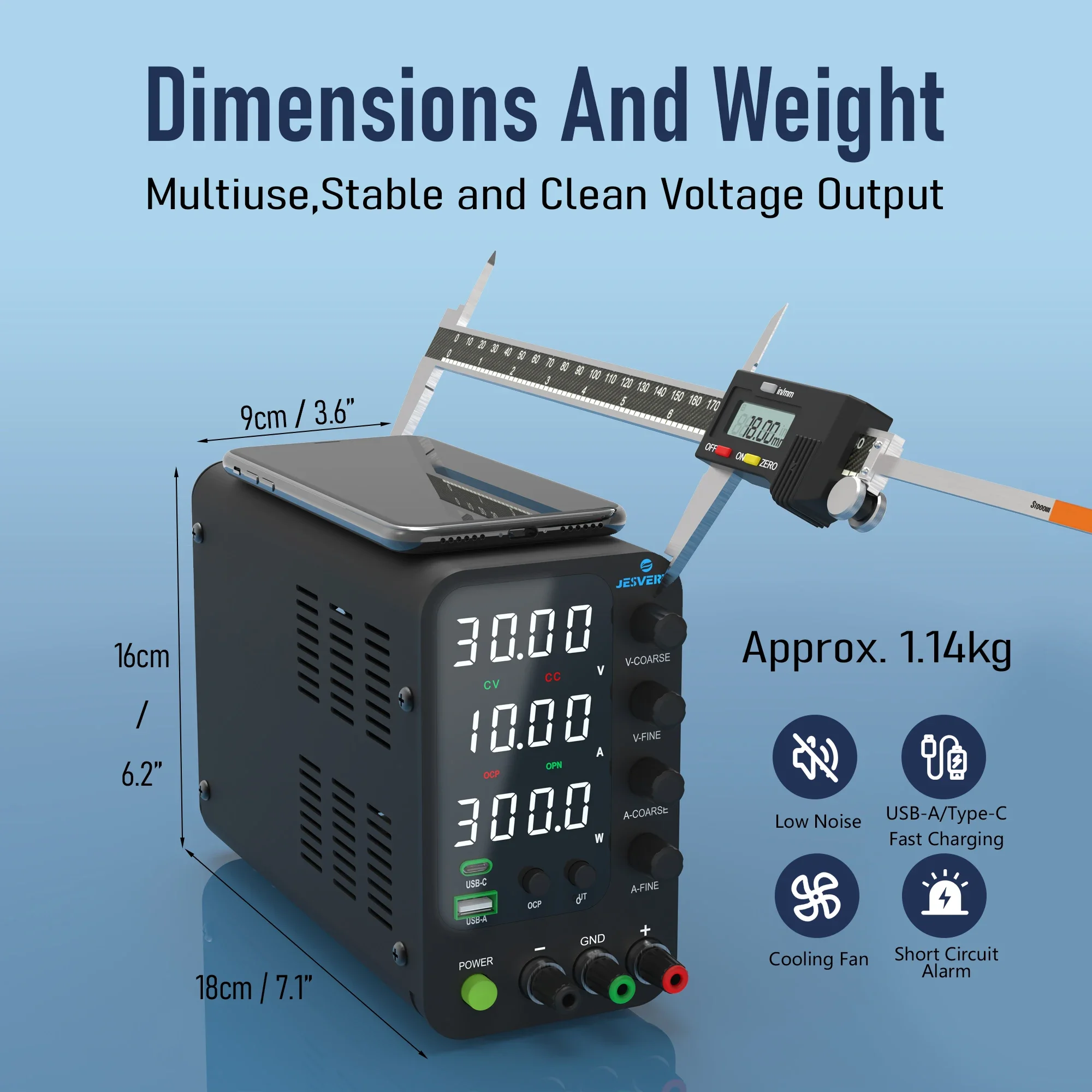 Jesverty DC Lab Power Supply 30V 60V 120V Bench Power Supply Encoder Regulate Voltage and Current Dual Input Voltage 220V/110V