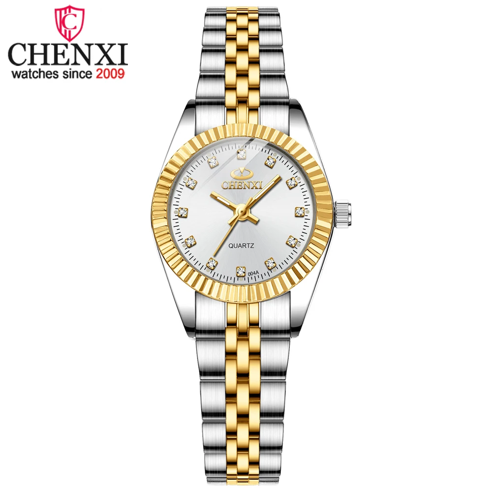 Chenxi feminino ouro & prata clássico relógio de quartzo feminino elegante relógio de luxo presente relógios senhoras relógio de pulso à prova dwaterproof água