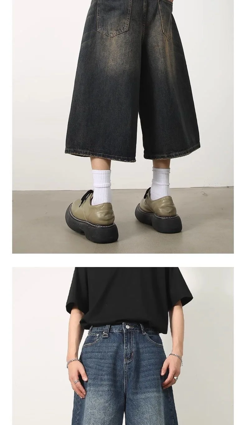 Retro Y2k Baggy ผู้หญิงผู้ชายสีดํากางเกงยีนส์ต่ําเอวสบายๆกางเกงกว้าง Frayed Denim กางเกงขาสั้นเสื้อผ้าขนาดใหญ่