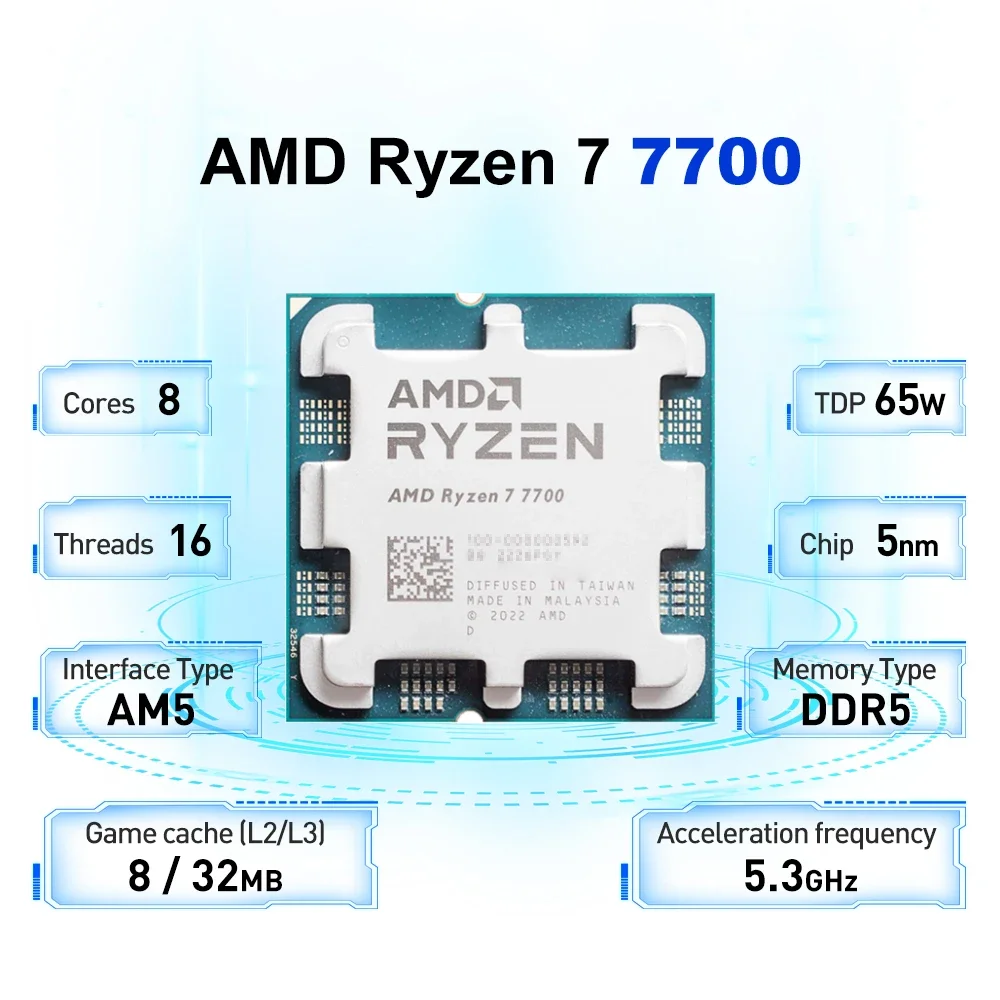 【Marca +】AMD Ryzen 7 7700 R7 7700 CPU 8 núcleos 16 threads 5,3 GHz desbloqueado processador de mesa soquete AM5 CPU para jogos sem pacote