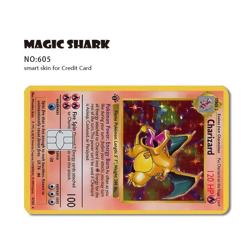 Magic Shark Pokemon Card, Pikachu, Charizard, Mewtwo, película frontal, cubierta de piel, pegatina para tarjeta de crédito y débito, No se decolora