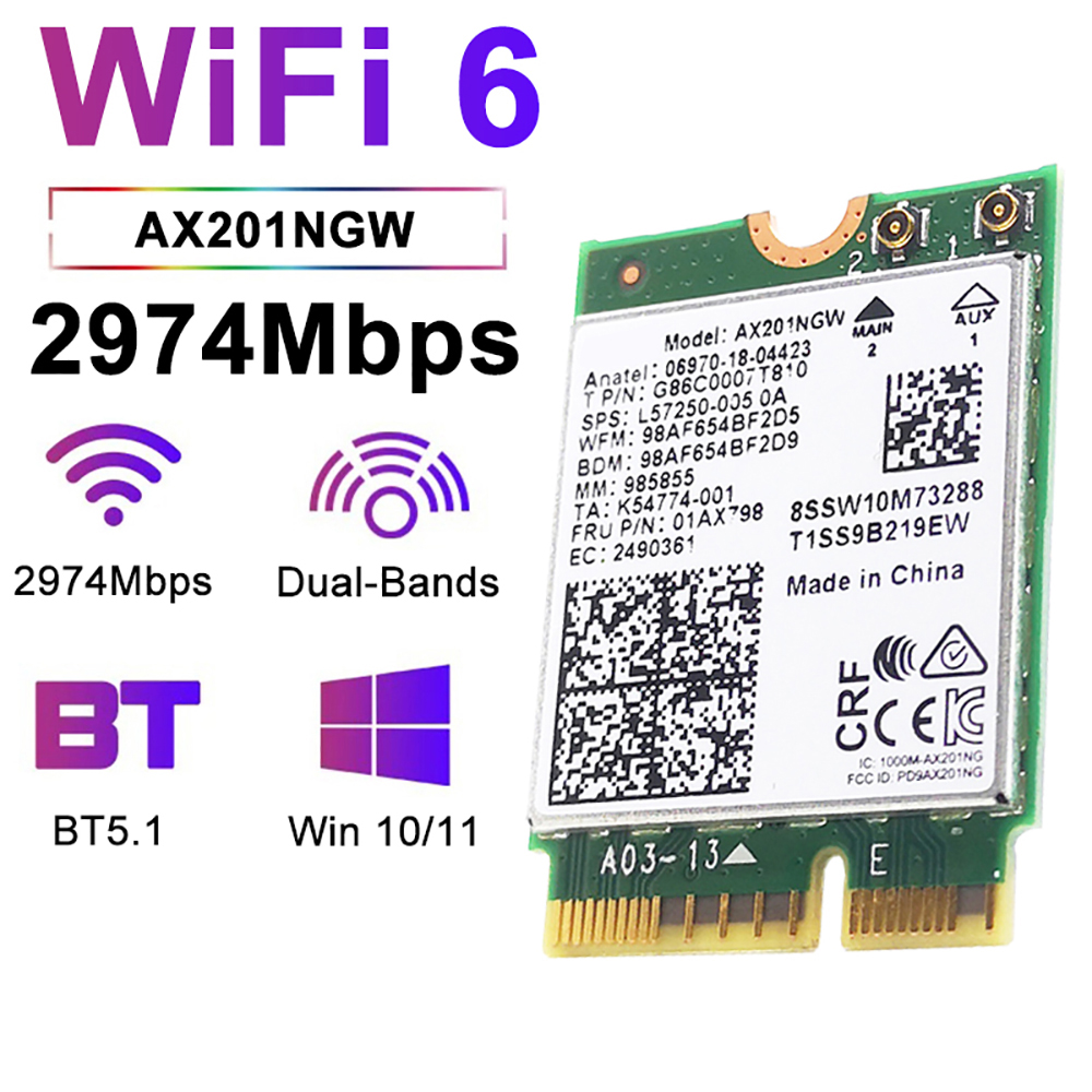 Двухдиапазонная Wi-Fi-карта 2,4 ГГц, 5 ГГц, 3000 Мбит/с, беспроводной адаптер Wi-Fi 6 AX201NGW Bluetooth 5.1 M.2 NGFF Key E CNVio 2 для Win10