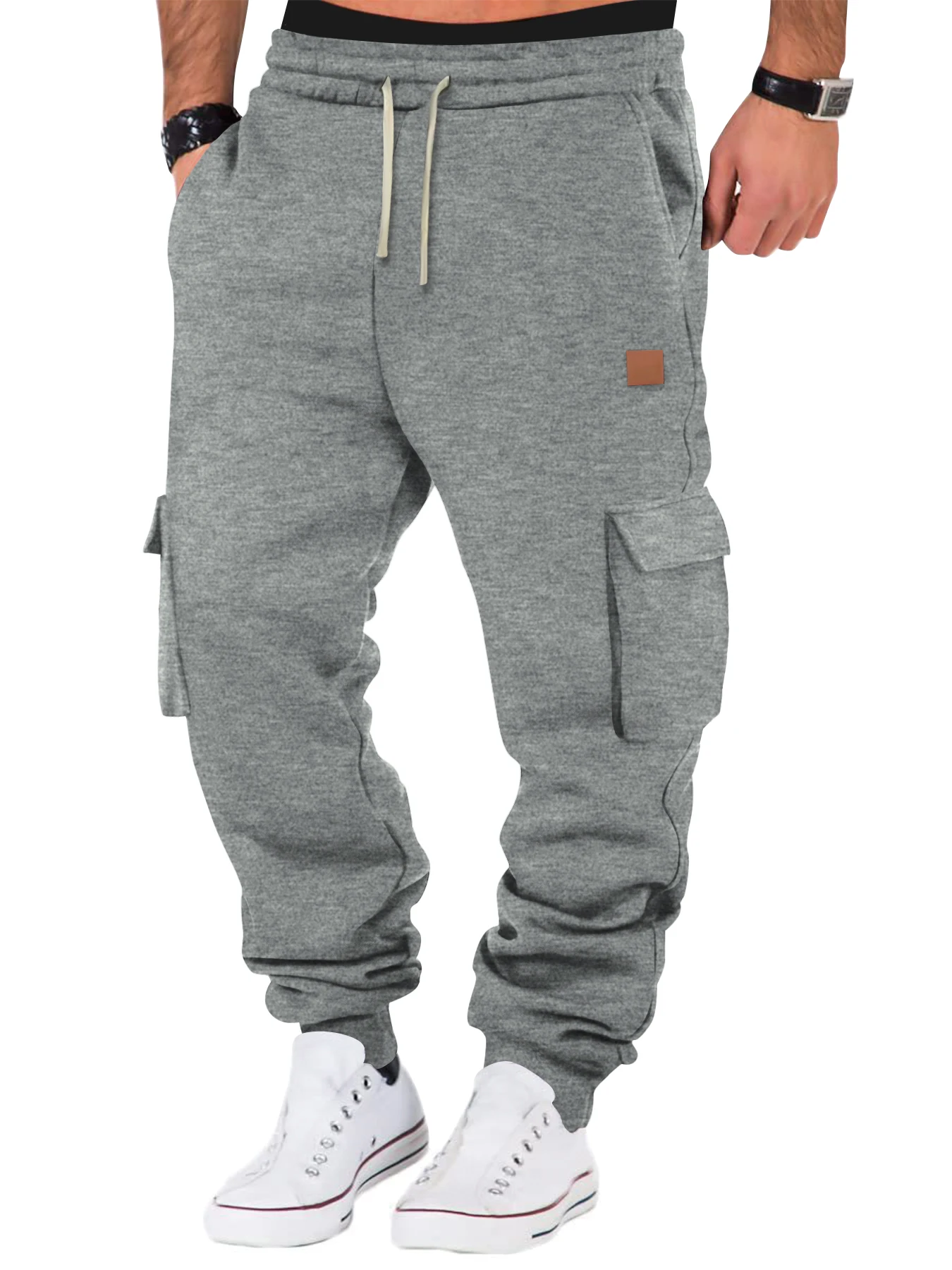 ผู้ชายกางเกงผ้าฝ้าย Multi-Pocket Micro-Elastic กีฬา Casual กางเกงฟิตเนส Joggers ขนแกะอุ่นกางเกงผู้ชายกางเกง