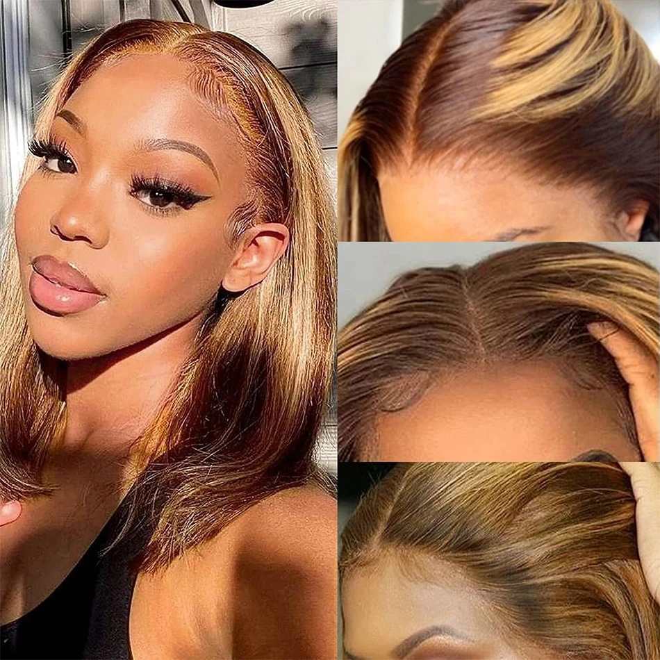 BOB วิกผม 13x4 ตรง Remy ผม Ombre 4/27 Highlight วิกผมผมมนุษย์โปร่งใสลูกไม้ด้านหน้าวิกผมมนุษย์สําหรับผู้หญิงสีดํา