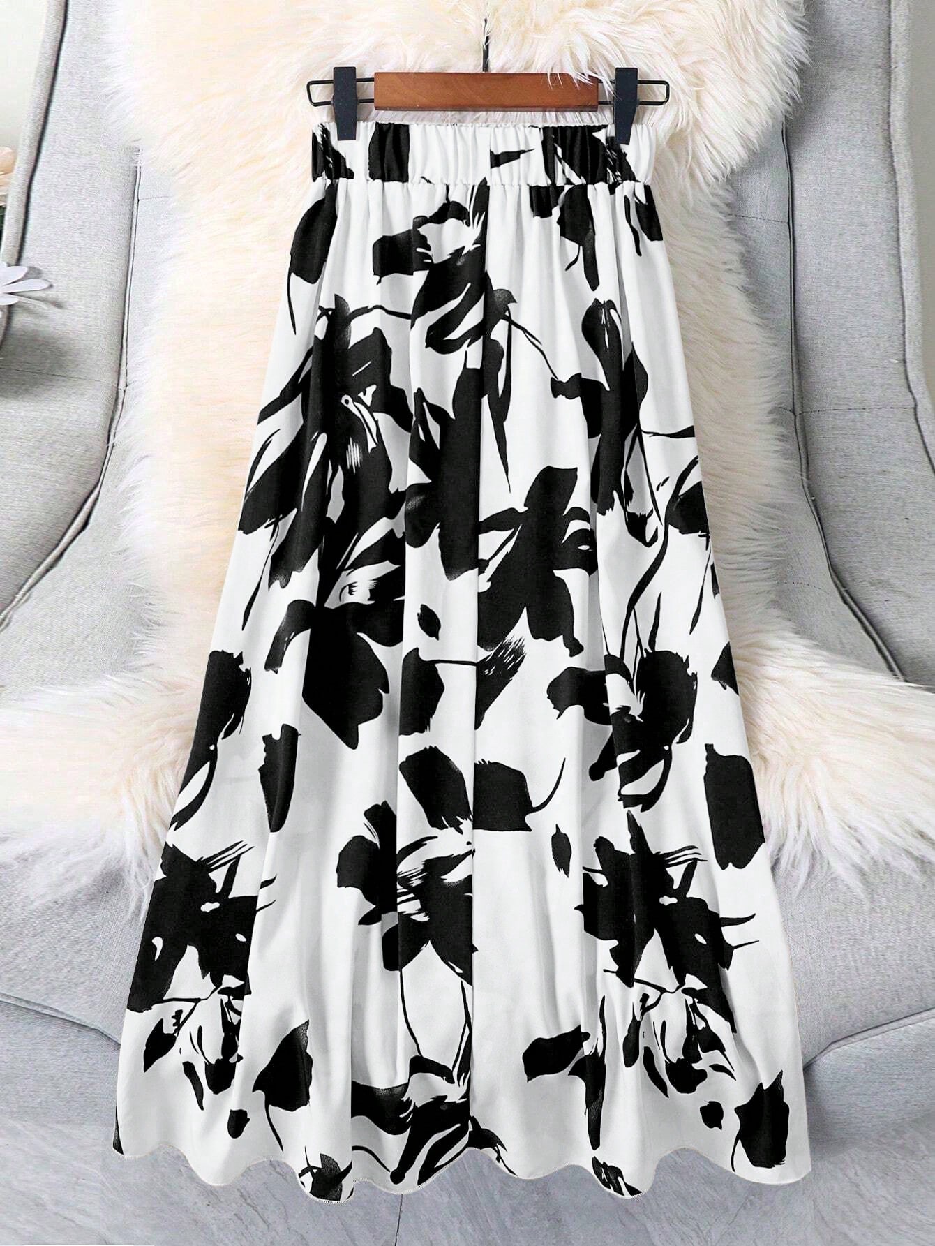 ¡2025 Recomendación caliente! Negro - y - Tinta blanca - Falda larga con estampado floral lavado. El elástico - El diseño de cintura ofrece comodidad y F