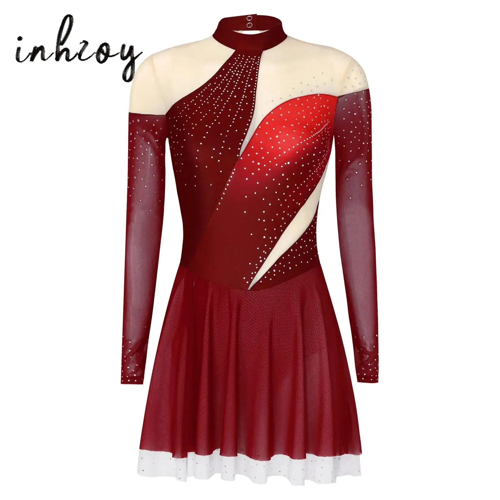 Gaun Figure Skating Wanita Berhias Rhinestone Berkilau Gradasi Warna Mesh Lengan Panjang dengan Ruffle di Bagian Bawah, Kostum Tari Balet Lirikal