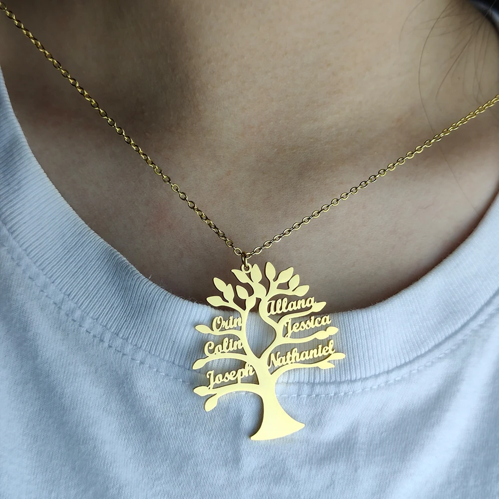 CUSTOM Tree Of Life ชื่อสร้อยคอส่วนบุคคลแม่เด็กครอบครัวชื่อสแตนเลสสตีลจี้ choker เครื่องประดับของขวัญ