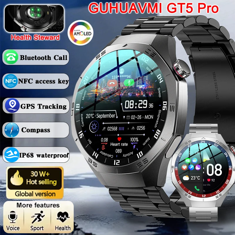 2025 Новые Смарт-часы GUHUAVMI GT5 Pro для мужчин HD AMOLED Экран GPS Траектория движения Сердечный ритм Bluetooth Вызов 1,52 дюйма SmartWatch IP68