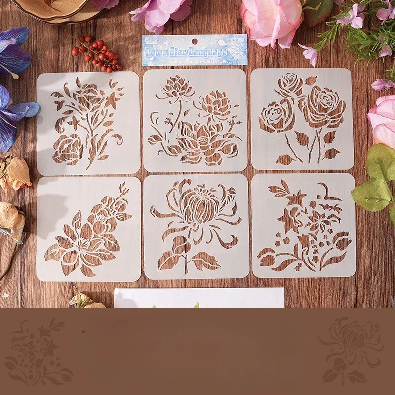 6pcs/set Retro Aesthetic Floral Stencils Scrapbook Journal Stencils for Painting Mini Portable Wall Plastic Stencil Templates